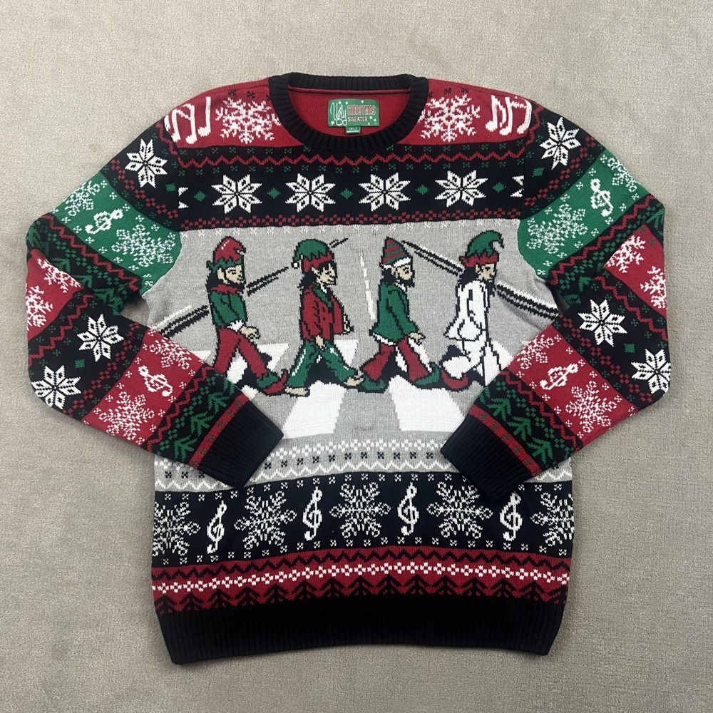 Ugly Christmas Sweater Men XL Abbey Road Elves Beatles Parody Knit Red Green